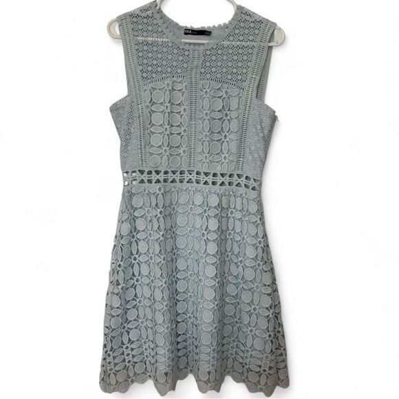 Ina Dresses & Skirts - INA Blue Lace Dress Women’s M Sleeveless Fit & Flare Crochet Overlay Lined Party